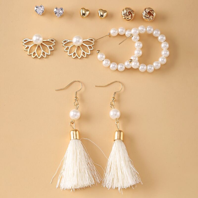 

6pairs Faux Pearl & Tassel Decor Earrings, Gold