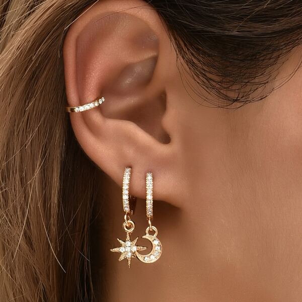 

3pcs Rhinestone Decor Moon Charm Earring, Gold
