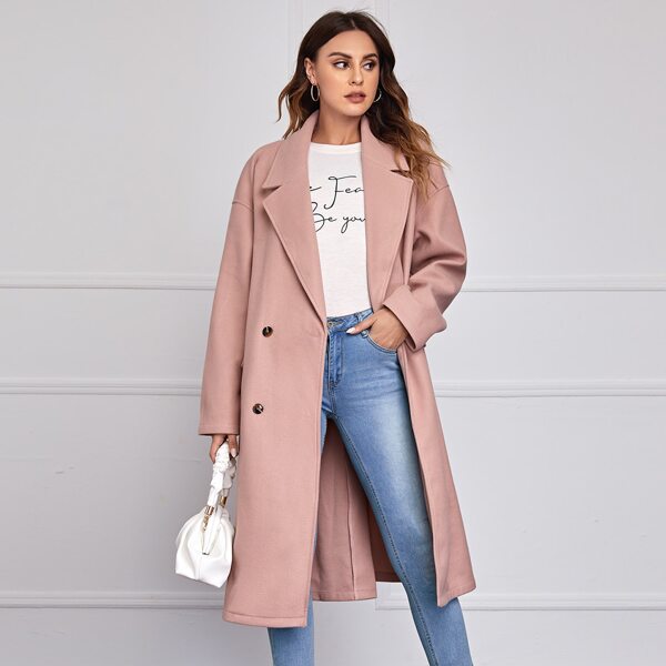 

Notch Collar Flap Detail Split Hem Overcoat, Dusty pink