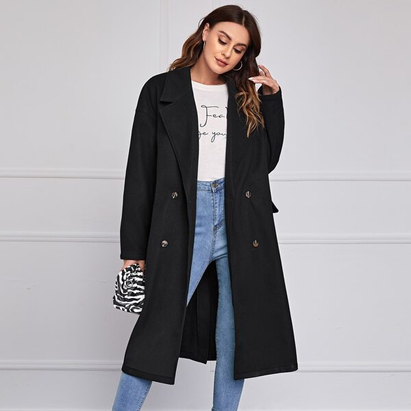 

Notch Collar Flap Detail Split Hem Overcoat, Black