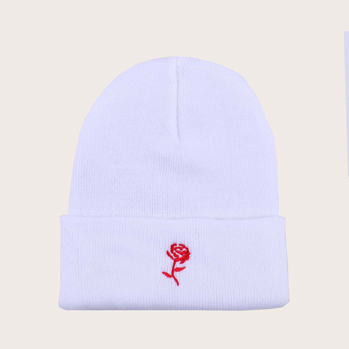 

Rose Embroidery Beanie, White