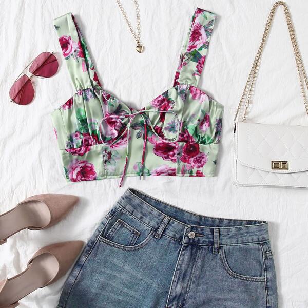

Tie Front Floral Print Bustier Cami Top, Multicolor