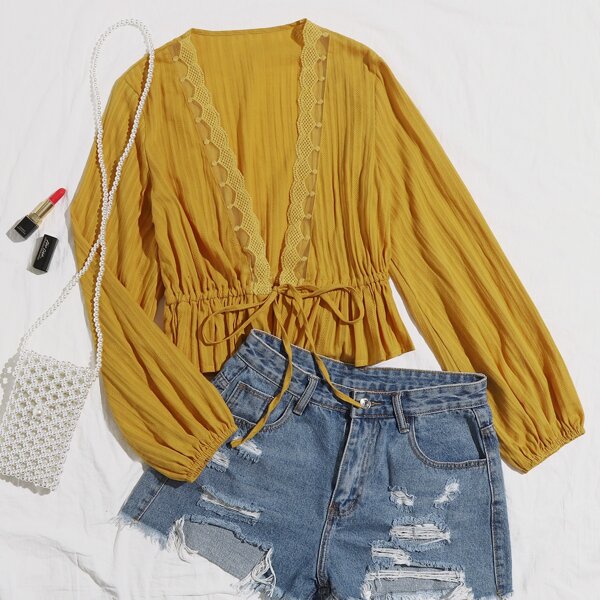 

Tie Front Ruffle Hem Embroidered Mesh Trim Top, Bright mustard yellow