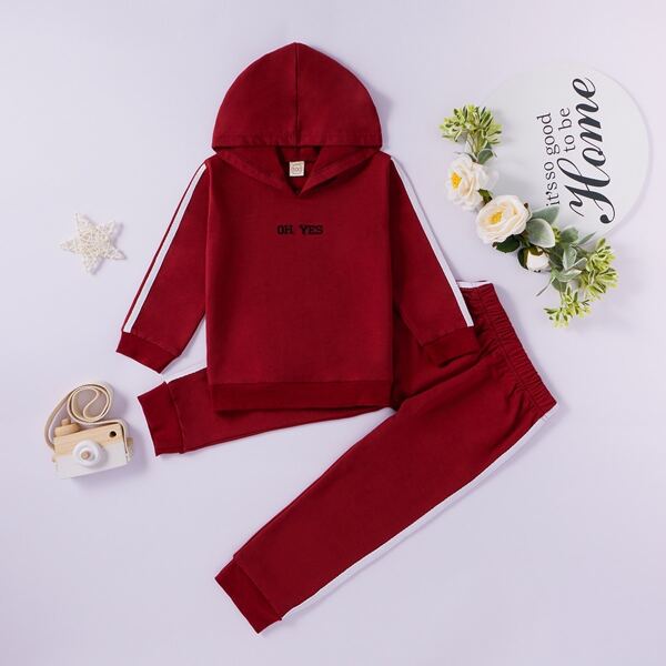 

Toddler Girls Side Stripe Letter Embroidery Hoodie & Sweatpants Set, Burgundy