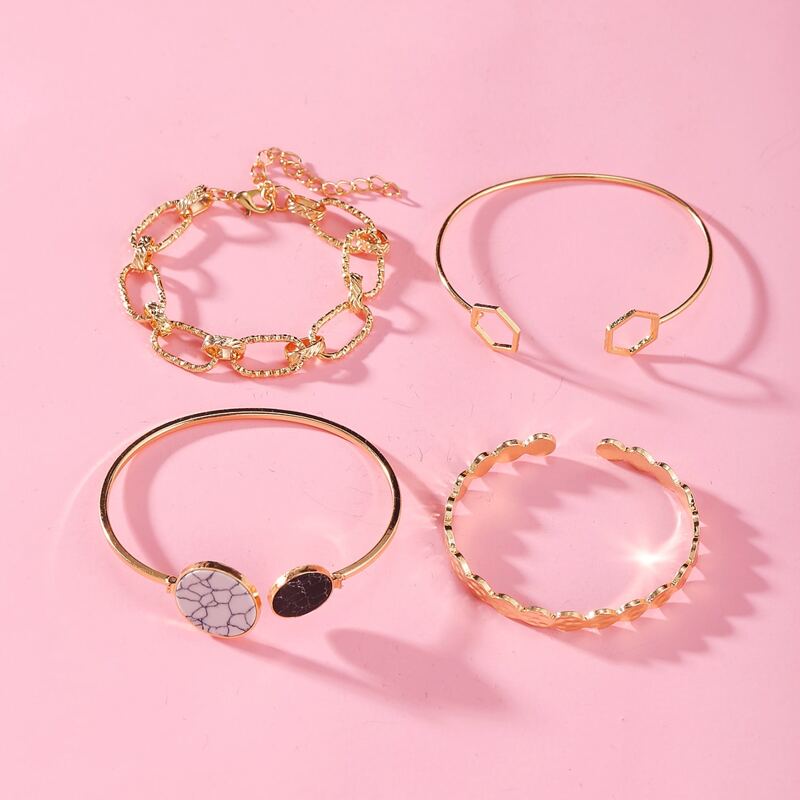 

4pcs Hexagon & Marble Decor Bracelet, Gold