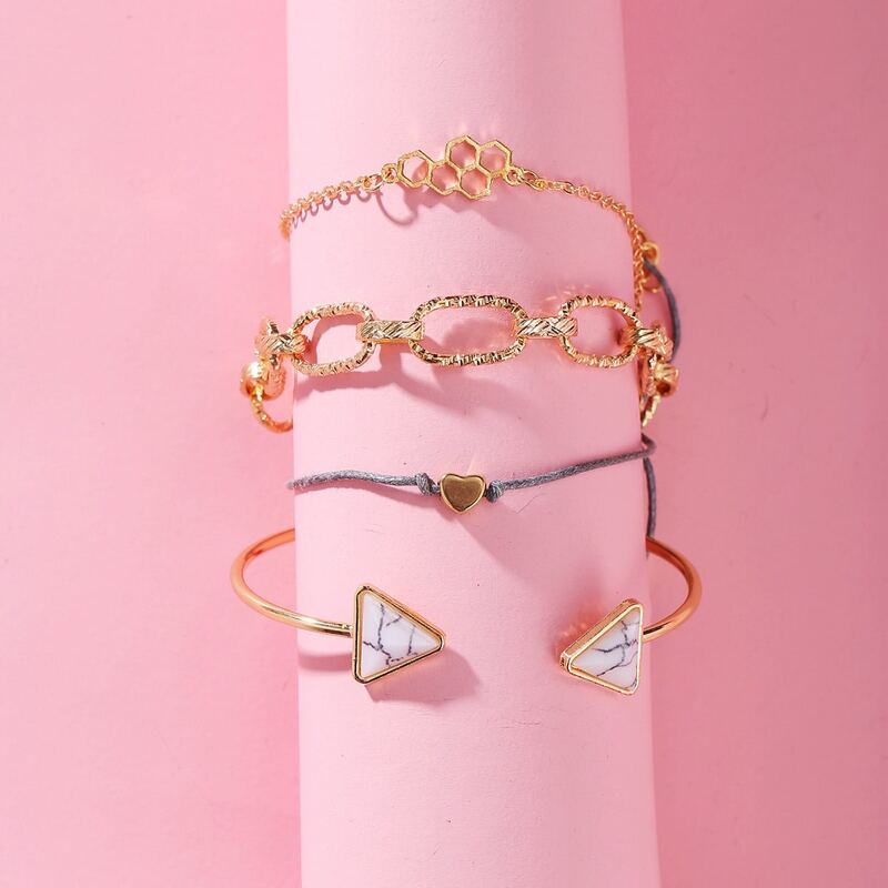 

4pcs Honeycomb & Triangle Design Bracelet, Gold