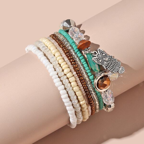 

8pcs Owl Charm Crystal Beaded Bracelet, Multicolor