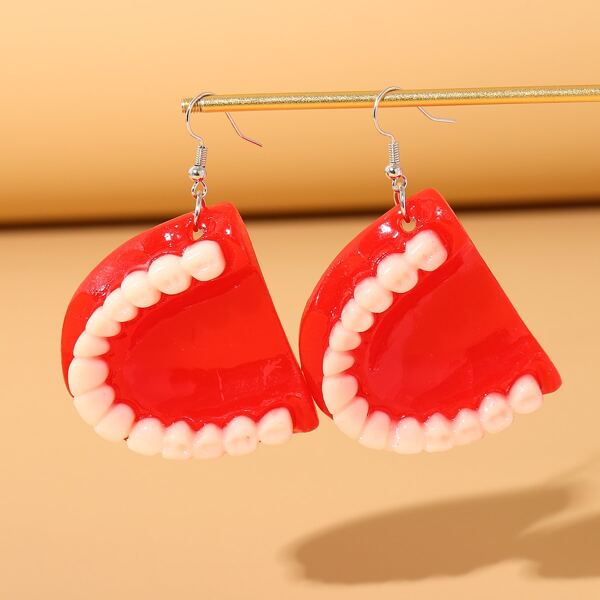

Denture Design Drop Earrings, Red