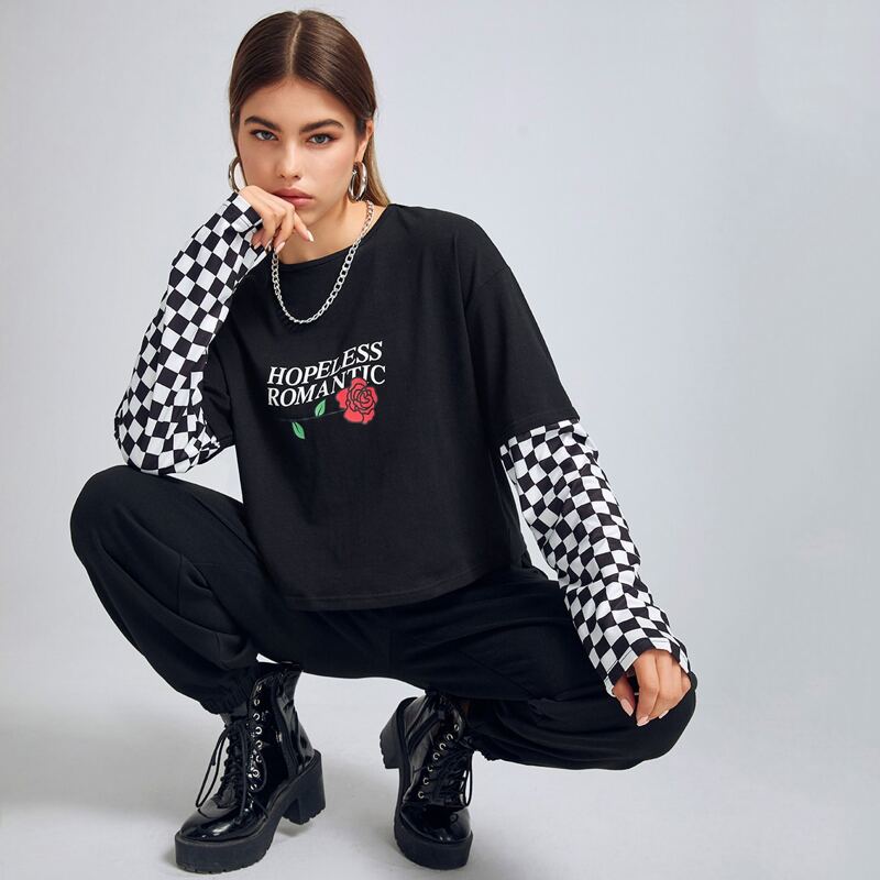 

Checkerboard Sleeve Floral & Letter Graphic Tee, Black and white