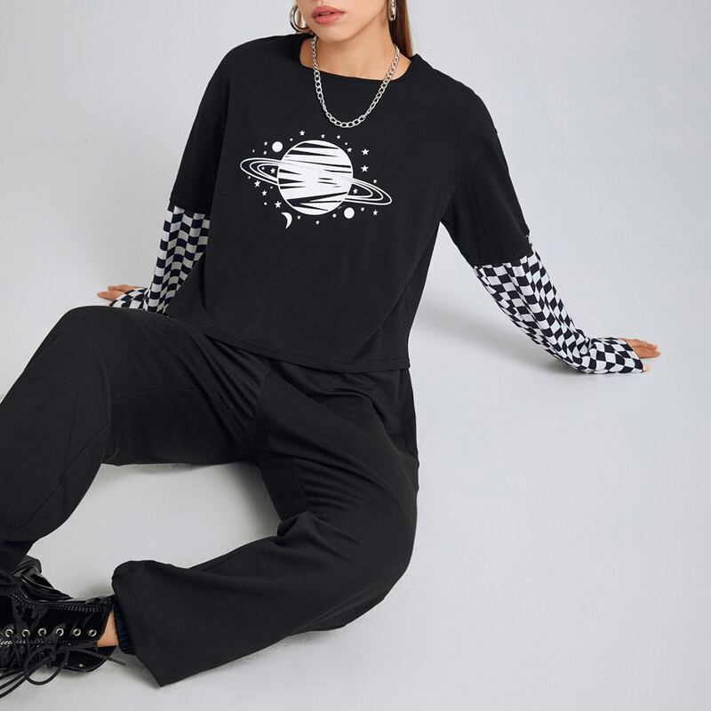 

Checkerboard Sleeve 2 In 1 Tee, Black