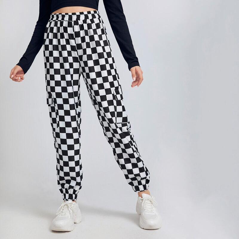 

Checkerboard Pattern Cargo Pants, Black and white