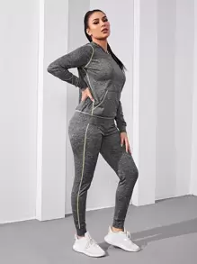 Easithlete 混色灰色对比缝线运动连帽衫 & 缝线运动连帽衫 & 裤子 & 合身运动服女套装 女式健身套装 - 深灰色 - 查看 3