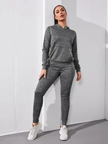 Easithlete 混色灰色对比缝线运动连帽衫 & 缝线运动连帽衫 & 裤子 & 合身运动服女套装 女式健身套装 - 深灰色 - 查看 1