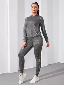 Easithlete 混色灰色对比缝线运动连帽衫 & 缝线运动连帽衫 & 裤子 & 合身运动服女套装 女式健身套装 - 深灰色 - 查看 5