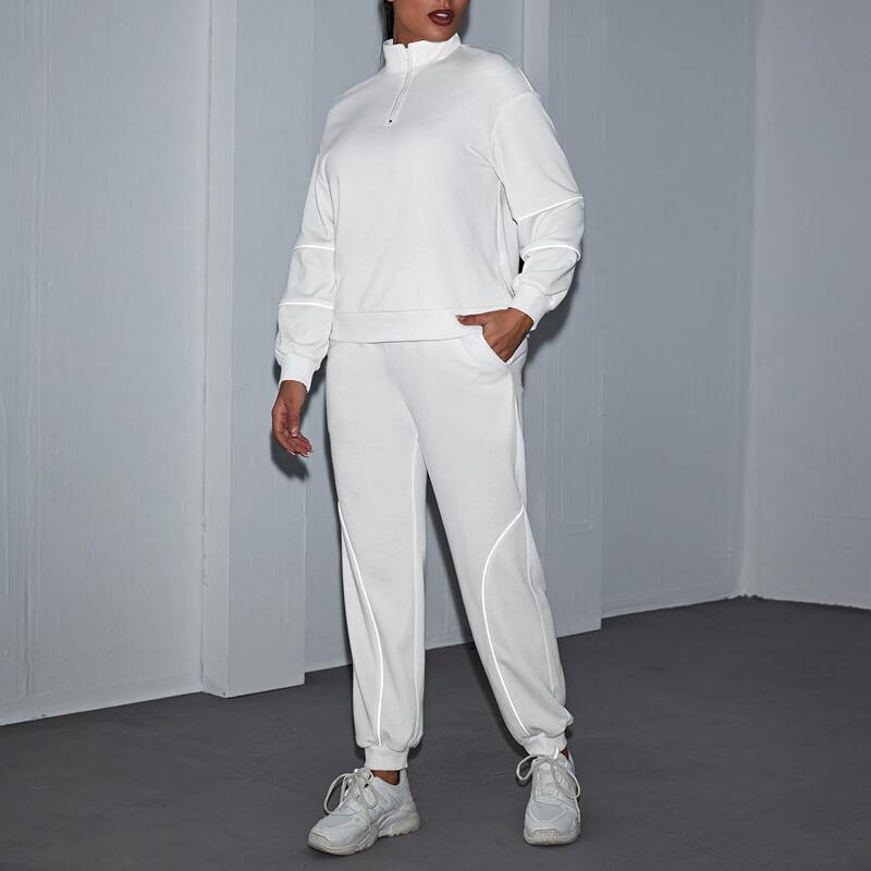 

Half Zip Reflective-binding Sweatshirt & Sweatpants Sports Set, White