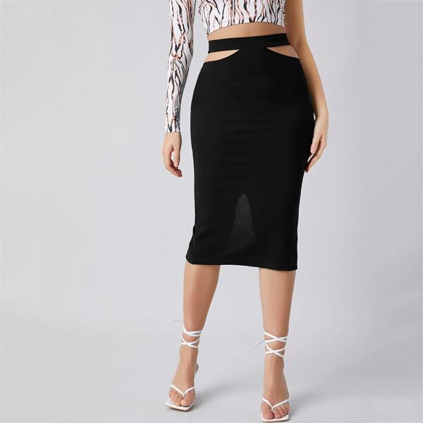 

Cut Out Waist Split Back Pencil Skirt, Black