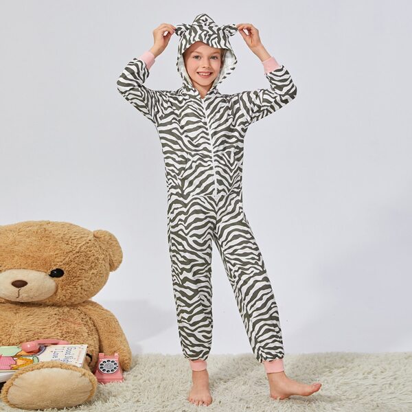 

Girls Zip Up Pocket Front 3D Ear Hooded Zebra Striped Night Jumpsuit, Multicolor