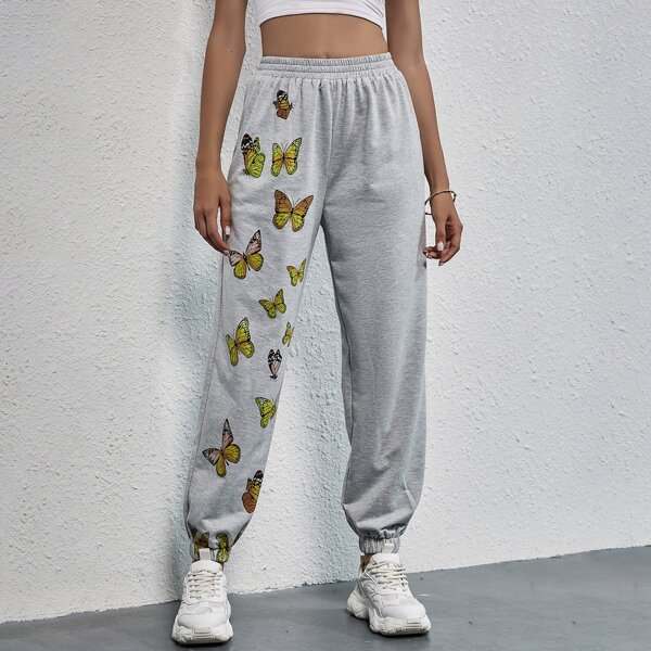 

Butterfly Print Elastic Waist Sweatpants, Light grey