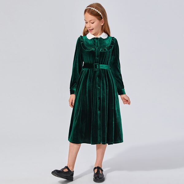 

Girls Contrast Collar Ruffle Trim Buckle Belted Velvet Dress, Dark green