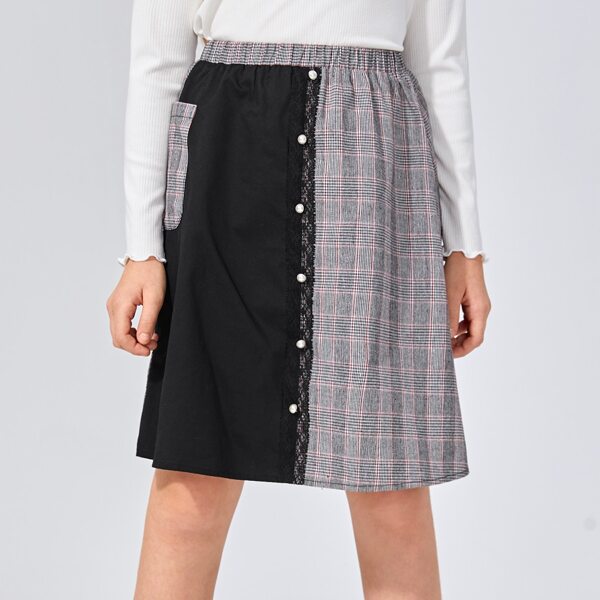 

Girls Buttoned Front Lace Detail Plaid Panel Skirt, Multicolor