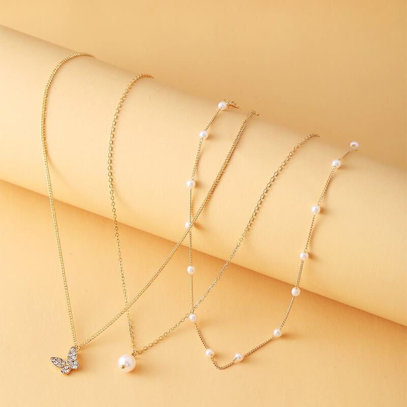 

3pcs Butterfly & Faux Pearl Decor Necklace, Gold