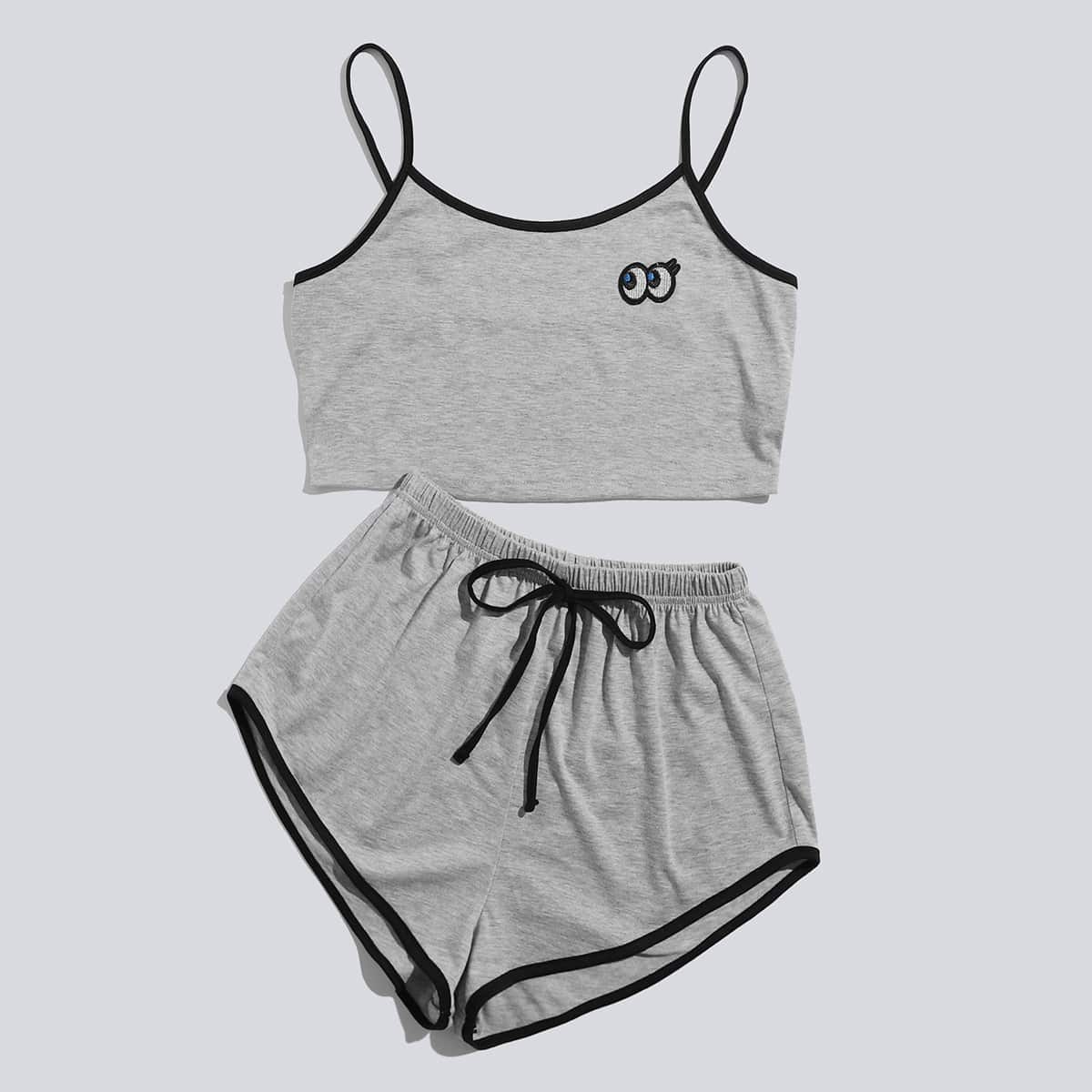 

Cartoon Embroidery Shorts PJ Set, Grey