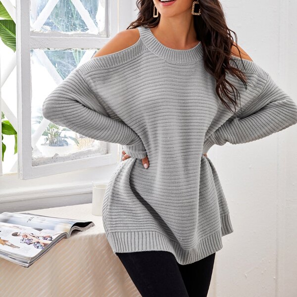 

Cold Shoulder Rib-knit Solid Sweater, Light grey