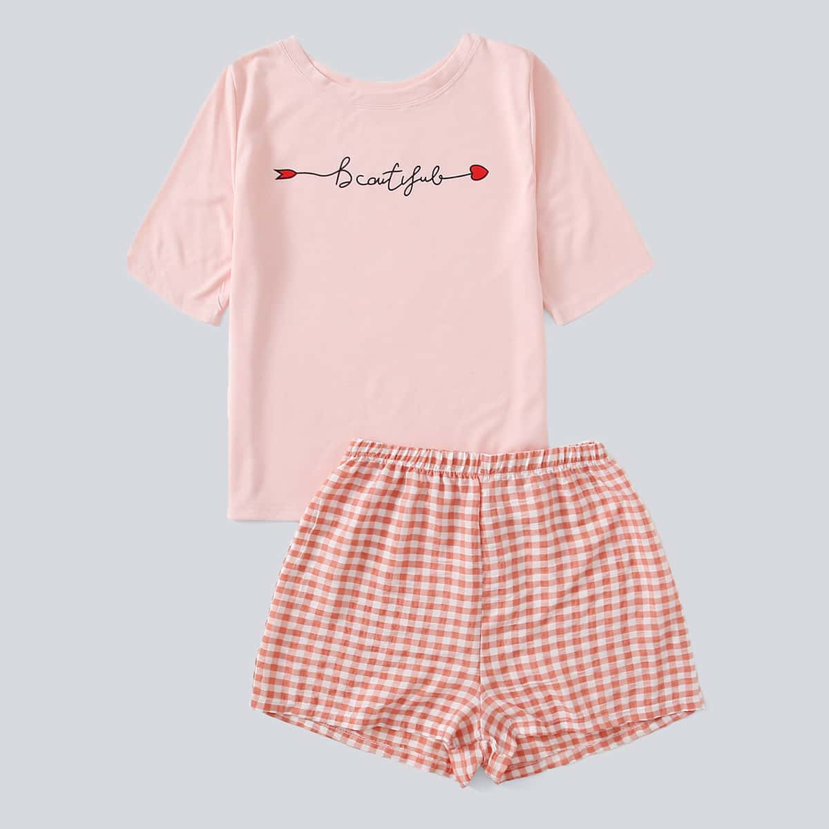 

Letter Graphic Gingham Shorts PJ Set, Pink