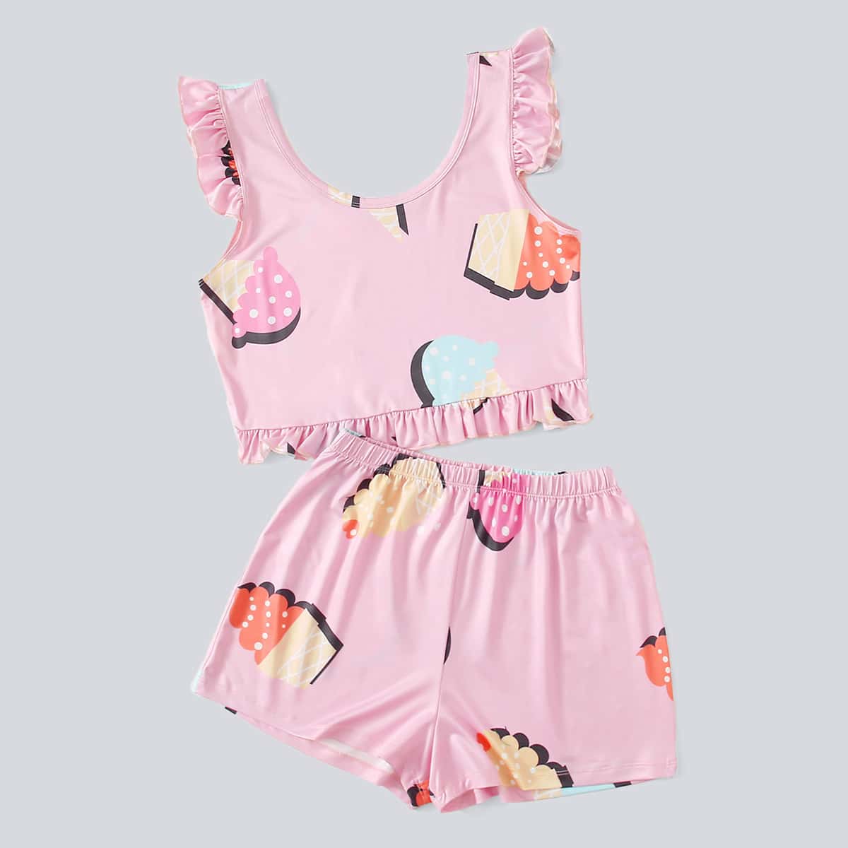 

Cartoon Ice Cream Print PJ Set, Baby pink