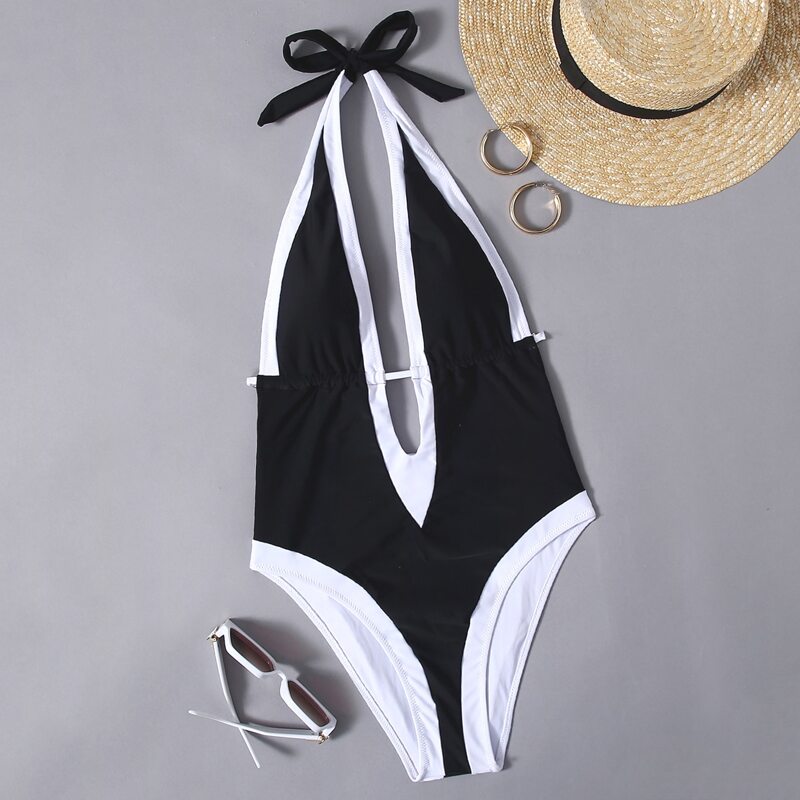 

Contrast Binding Plunge One Piece Swimsuit, Black and white