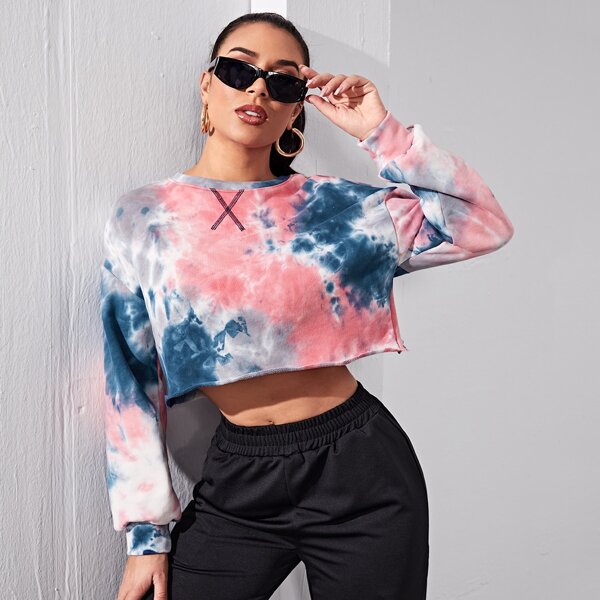 

Drop Shoulder Rolled Hem Tie Dye Pullover, Multicolor