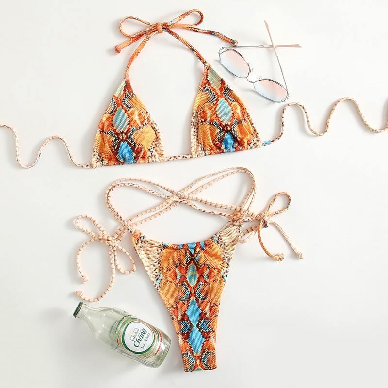 

Snakeskin Print Triangle Bikini Swimsuit, Multicolor