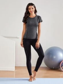 Camiseta deportiva de cuello redondo con puntadas - Gris Oscuro - Ver 5