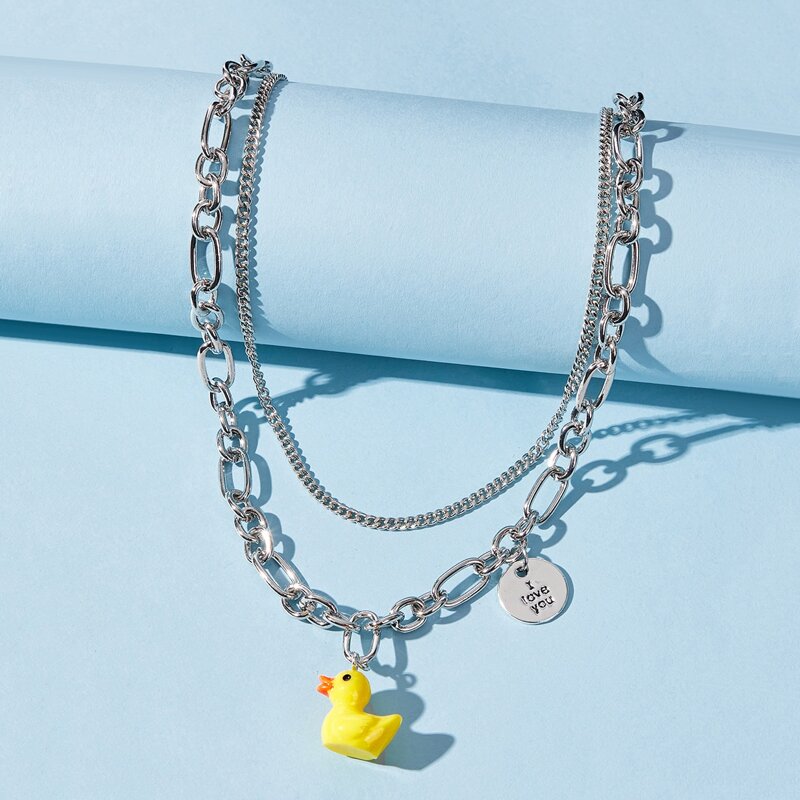 

Duck & Letter Design Layered Necklace, Silver