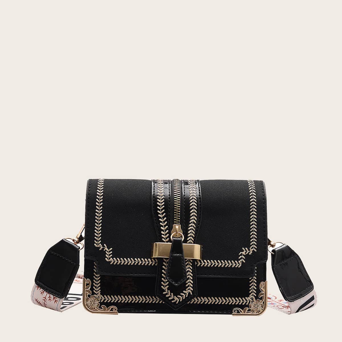 

Embroidery Trim Buckle Crossbody Bag, Black