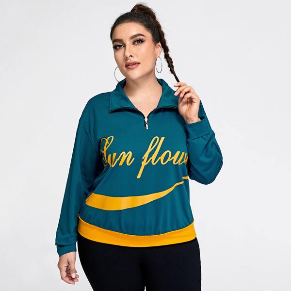 

Plus Letter Graphic Half Zip Sports Sweatshirts, Teal blue