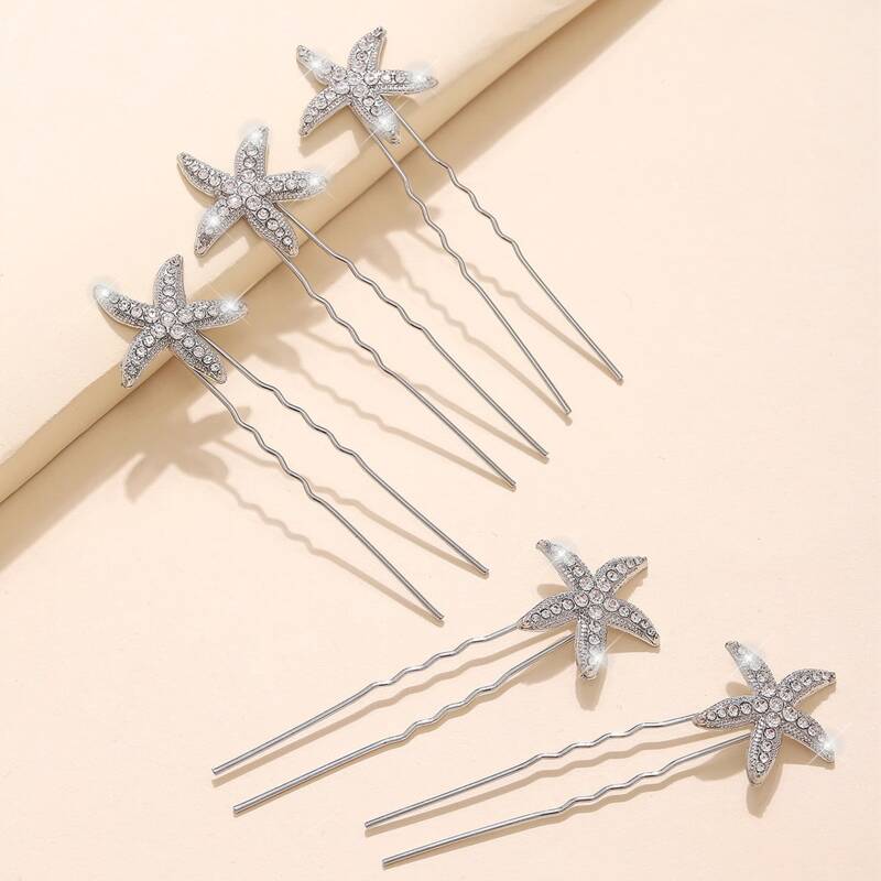 

5pcs Rhinestone Starfish Hair Clip, Silver