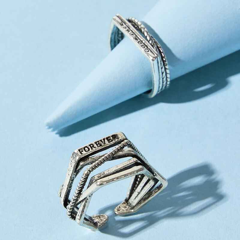 

2pcs Letter Design Cuff Ring, Antique silver