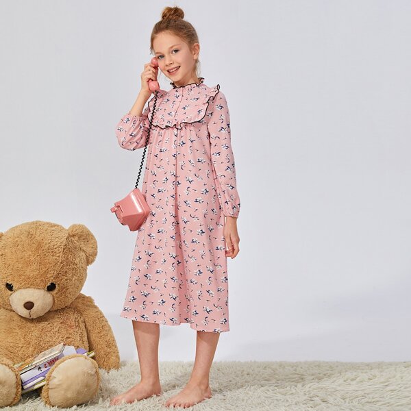 

Girls Ditsy Floral Frill Trim Night Dress, Coral pink