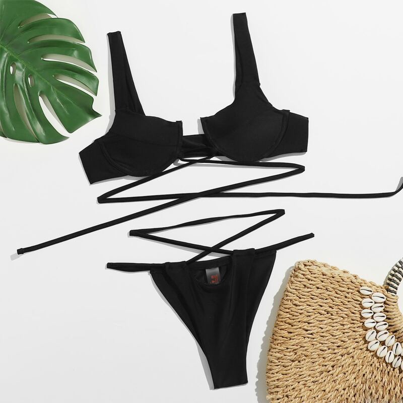 

Solid Criss Cross Bikini Swimsuit, Black