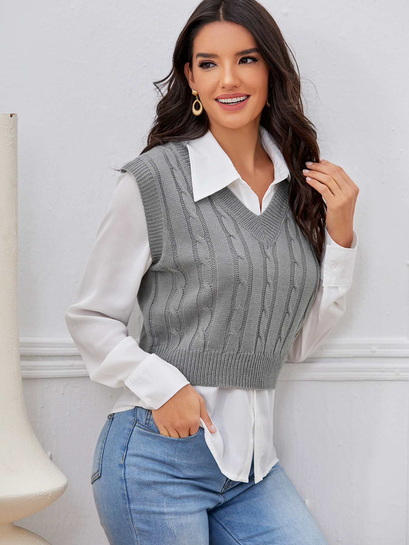 Cable Knit Sweater Vest Without Blouse thumbnail