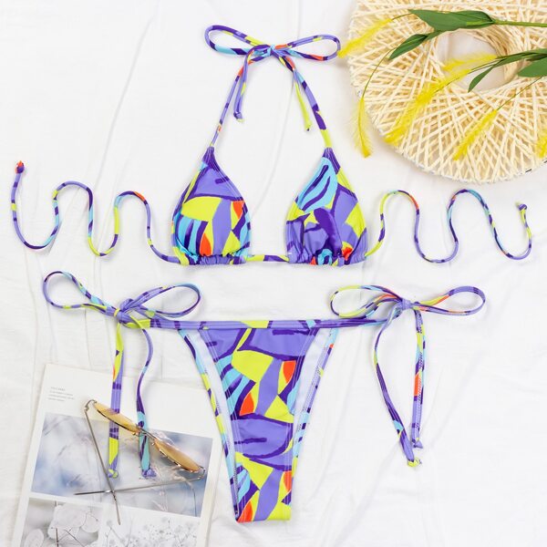 

Graphic Print Micro Triangle Thong Bikini Swimsuit, Multicolor