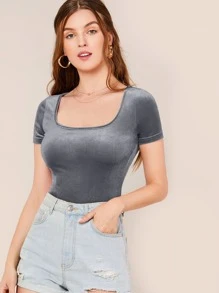 SHEIN Privé Scoop Neck Fitted Velvet Top - Dark Grey - View 1