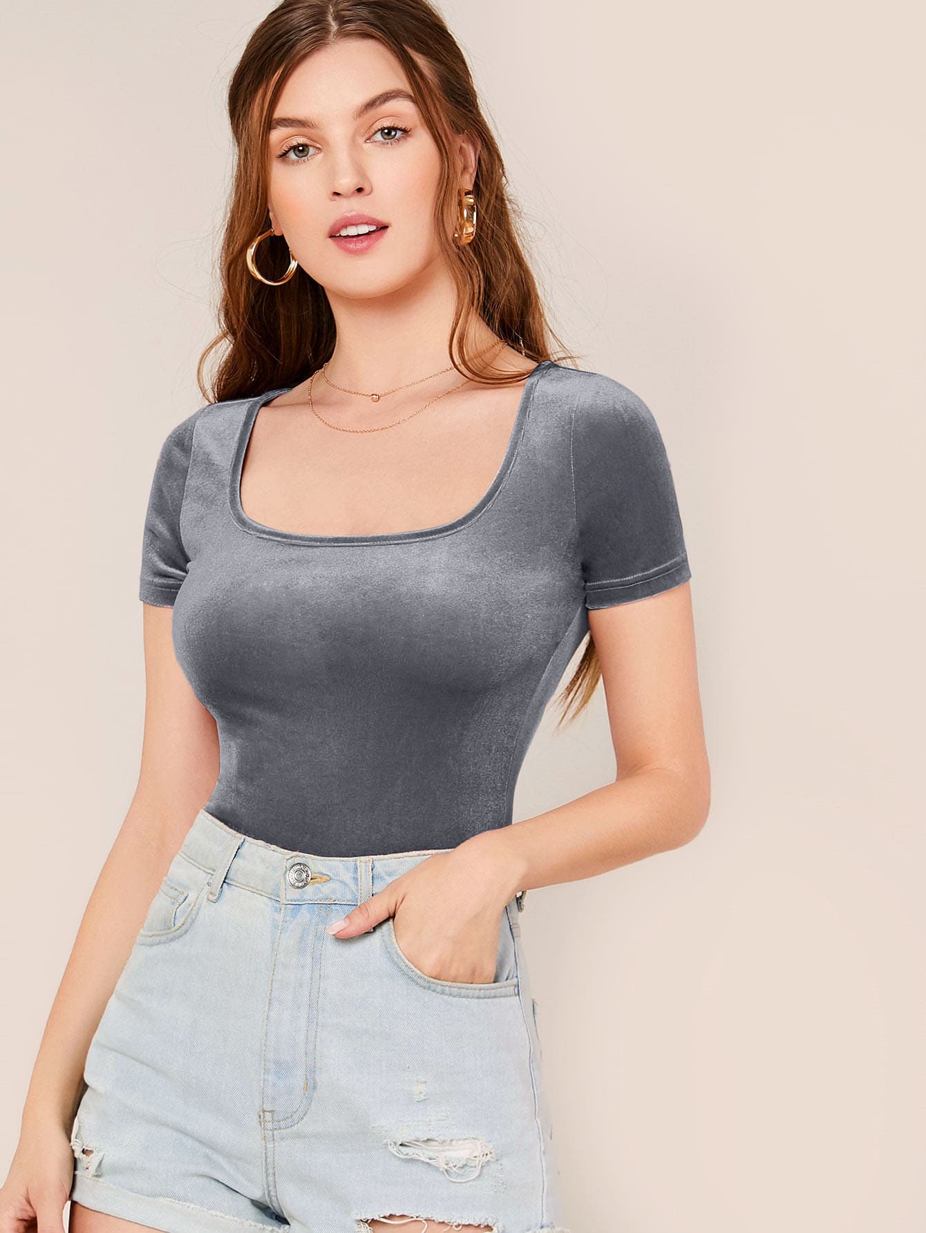 SHEIN Privé Scoop Neck Fitted Velvet Top - Dark Grey - View 1