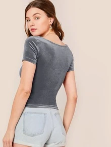 SHEIN Privé Scoop Neck Fitted Velvet Top - Dark Grey - View 2