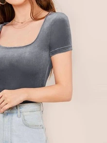 SHEIN Privé Scoop Neck Fitted Velvet Top - Dark Grey - View 4