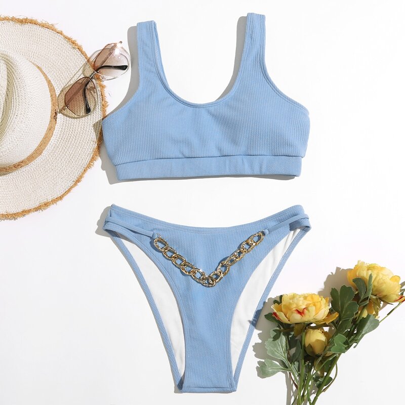 

Solid Chain Decor Bikini Swimsuit, Dusty blue