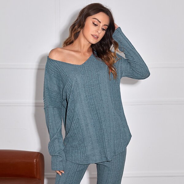 

V-neck Drop Shoulder Lounge Top, Dusty blue