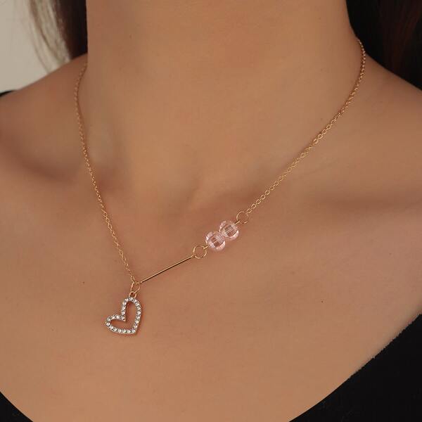 

Rhinestone Heart Charm Necklace, Gold