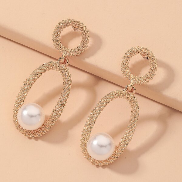

Faux Pearl Decor Oval Charm Drop Earrings, Gold